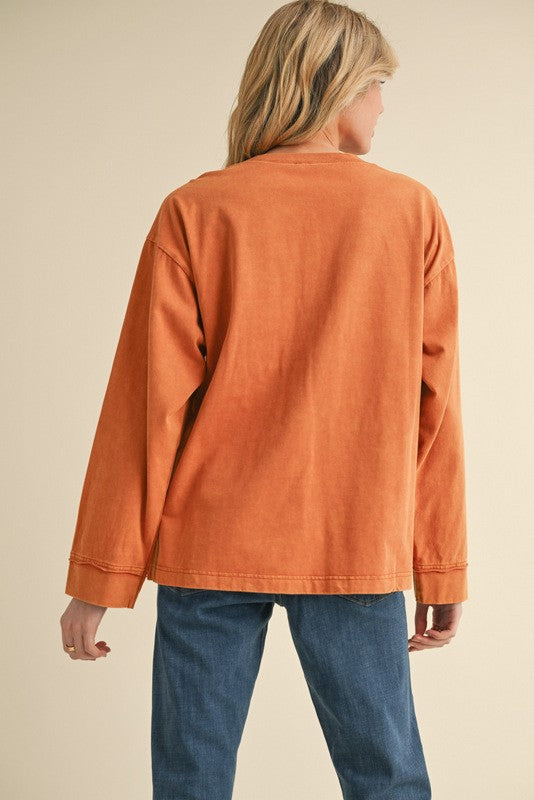 "Frankie" Mineral Washed Applique Top, Toffee - The Katie Grace Boutique