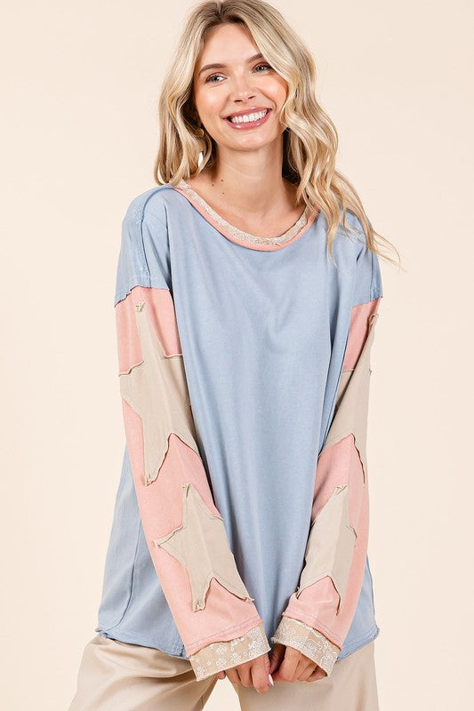 "Brittany" Mineral Washed Applique Top - The Katie Grace Boutique