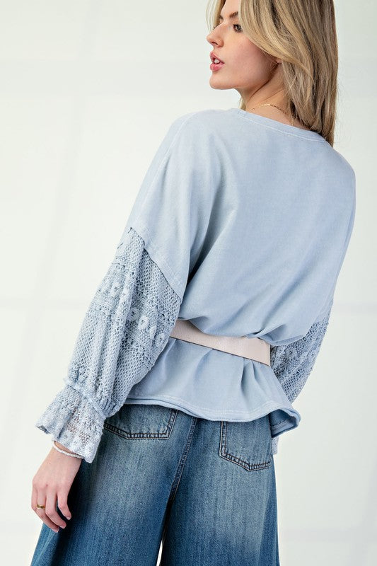 "Rebecca" Mineral Washed Top with Lace Details, Blue