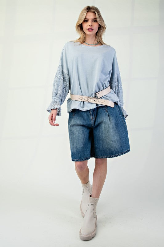 "Rebecca" Mineral Washed Top with Lace Details, Blue