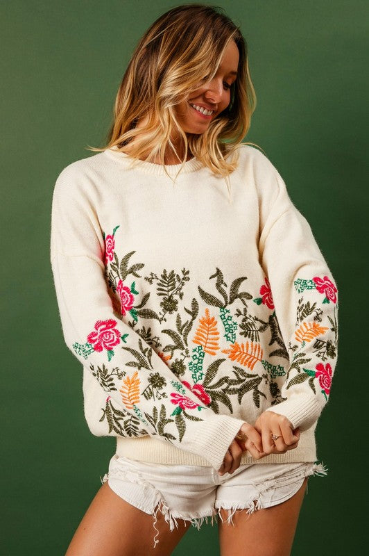 "Aliya"  Embroidered Sweater - The Katie Grace Boutique