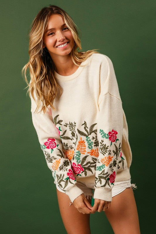 "Aliya"  Embroidered Sweater - The Katie Grace Boutique