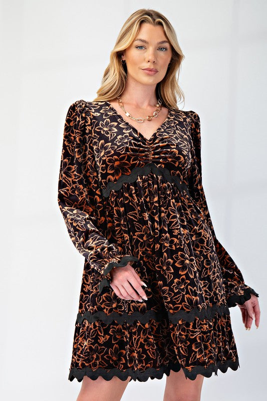 "Iris" Velvet Floral Dress with Ric Rac - The Katie Grace Boutique