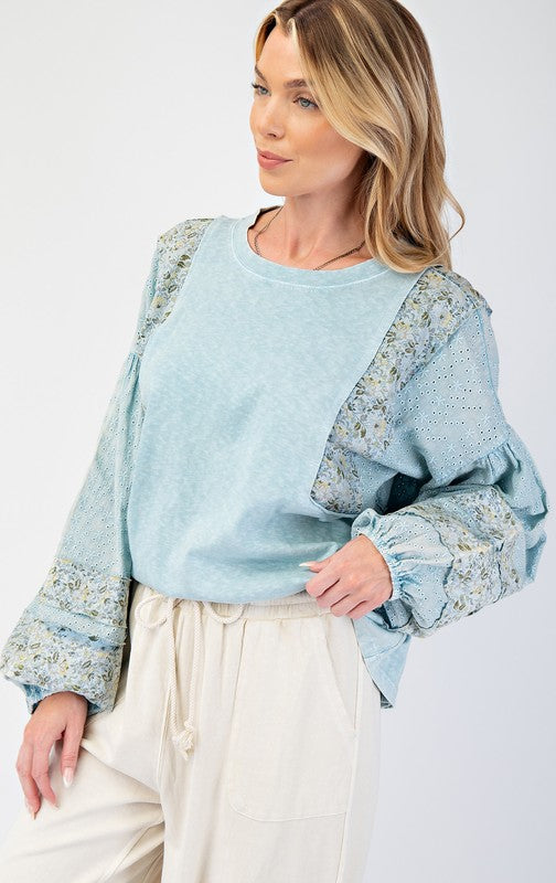 "Lisa" Mixed Fabric Top - The Katie Grace Boutique