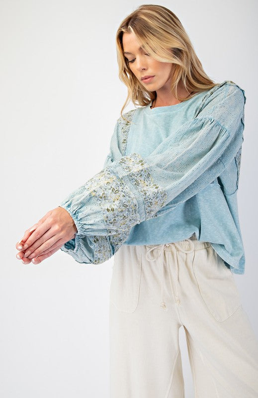 "Lisa" Mixed Fabric Top - The Katie Grace Boutique