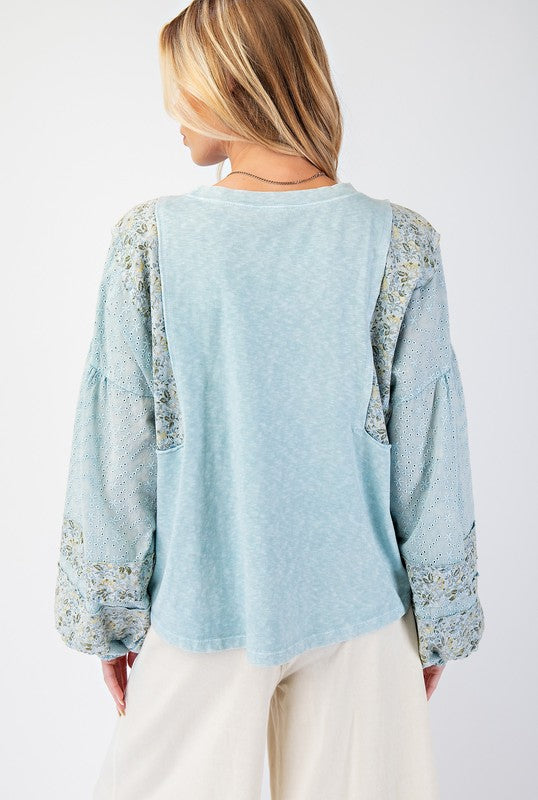 "Lisa" Mixed Fabric Top - The Katie Grace Boutique