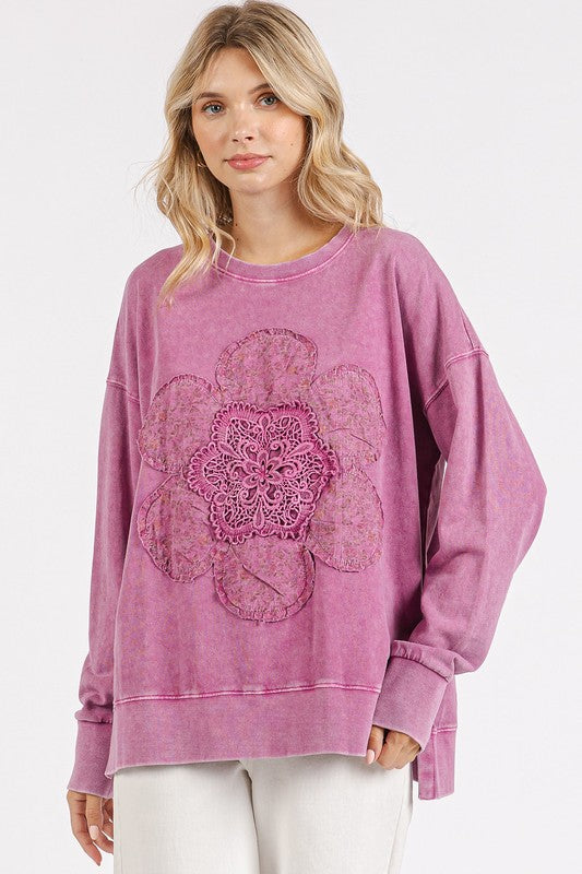 "Aubree" Applique Mineral Washed Pullover