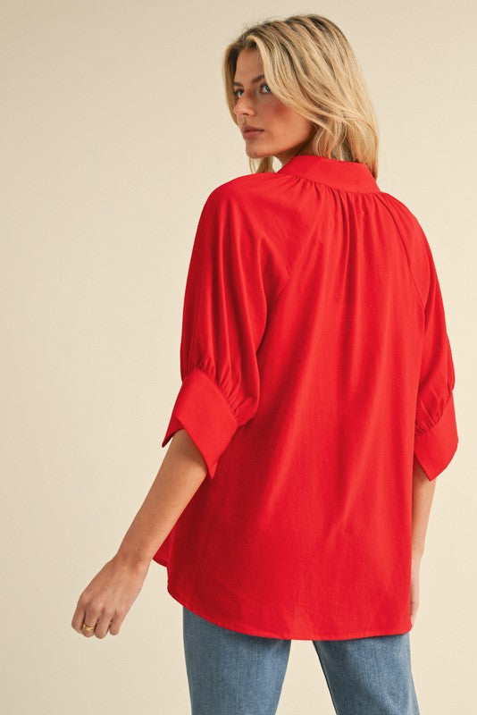"Emery" 3/4 Sleeve Blouse, Red - The Katie Grace Boutique