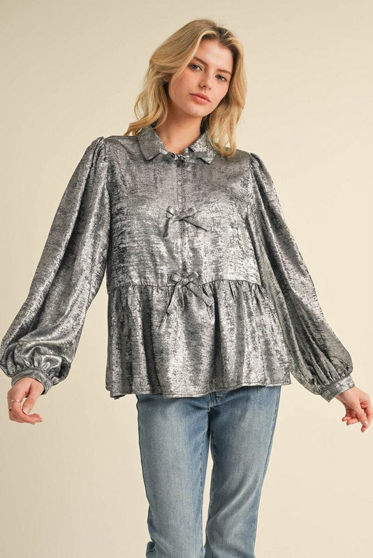 "Raelynn" Silver Shimmer Blouse - The Katie Grace Boutique