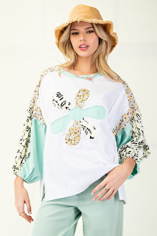 "Kiara" Applique' Mixed Media Top - The Katie Grace Boutique