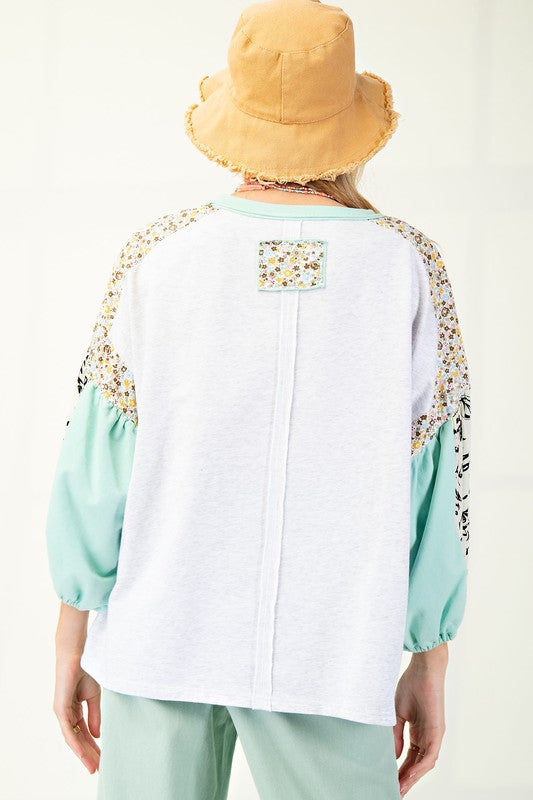 "Kiara" Applique' Mixed Media Top - The Katie Grace Boutique