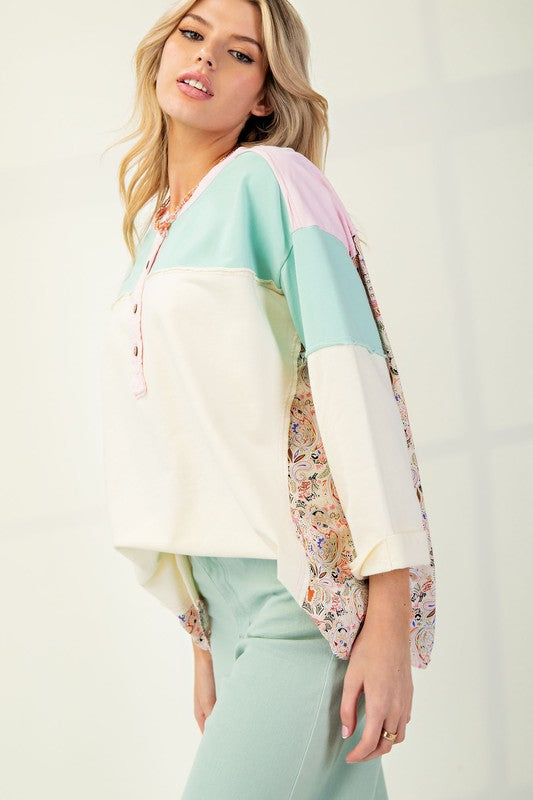 "Faith" Mixed Print Henley Top - The Katie Grace Boutique