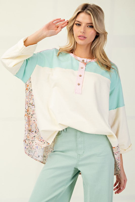 "Faith" Mixed Print Henley Top - The Katie Grace Boutique