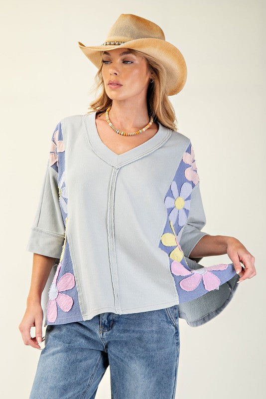 "Leisha" Mineral Washed Applique' Top - The Katie Grace Boutique