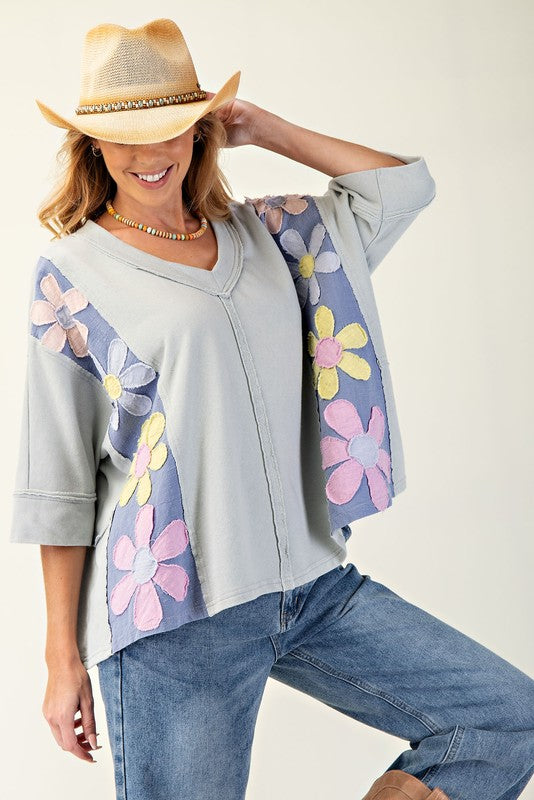 "Leisha" Mineral Washed Applique' Top - The Katie Grace Boutique