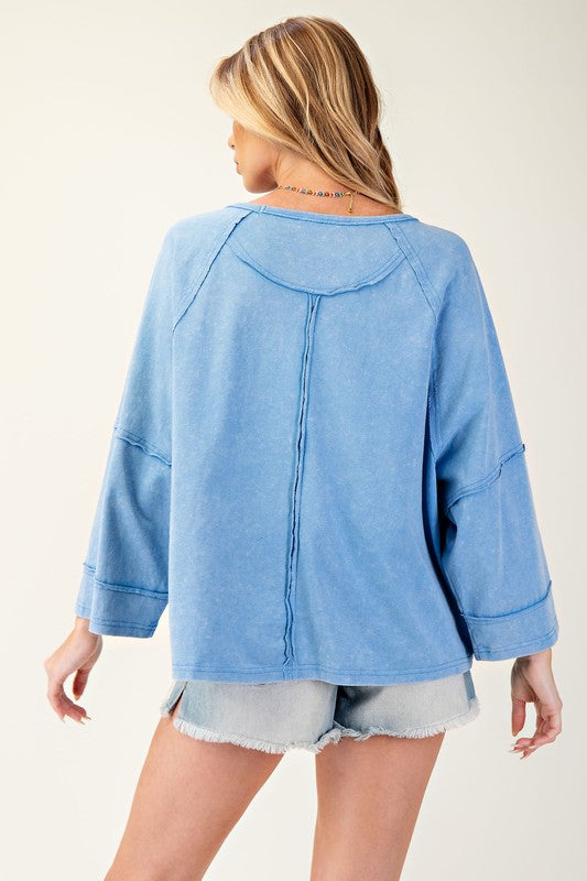 "Alice" Mineral Washed Top, Blue - The Katie Grace Boutique