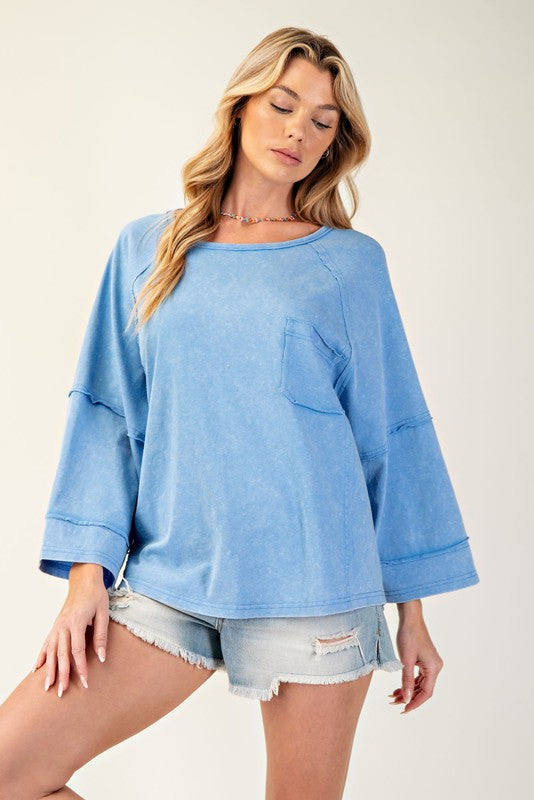 "Alice" Mineral Washed Top, Blue - The Katie Grace Boutique