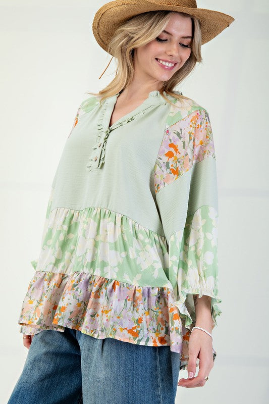 "Trisha" Mixed Print Blouse - The Katie Grace Boutique