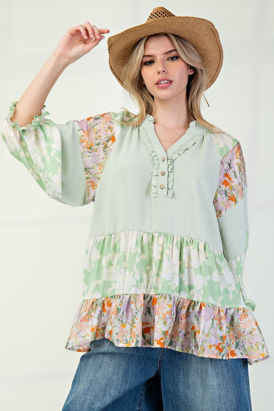 "Trisha" Mixed Print Blouse - The Katie Grace Boutique