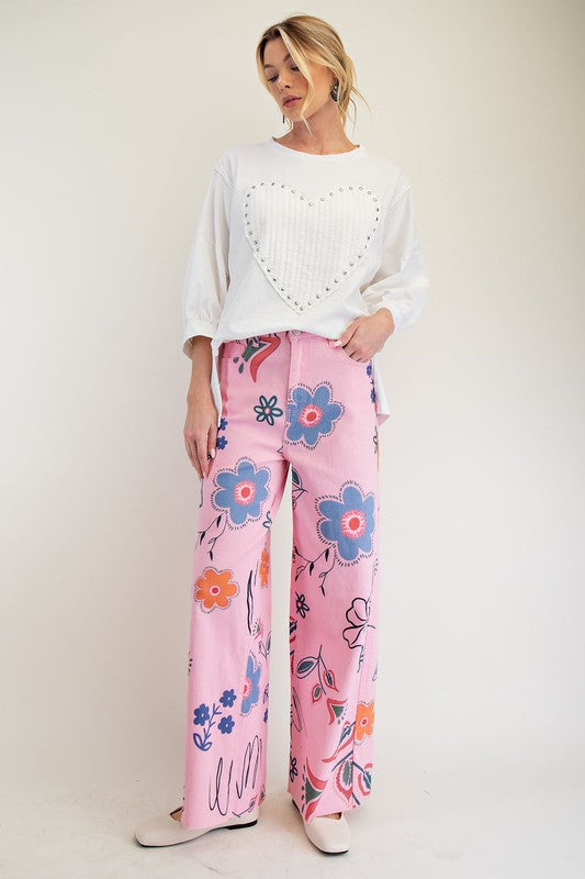 "Christine" Floral Pants in Pink - The Katie Grace Boutique