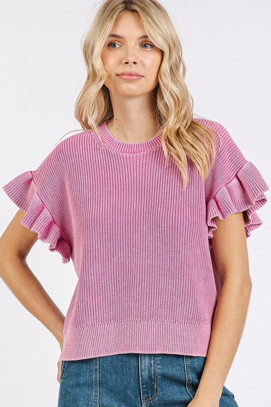 "Eva" Mineral Washed Ruffled Sweater - The Katie Grace Boutique