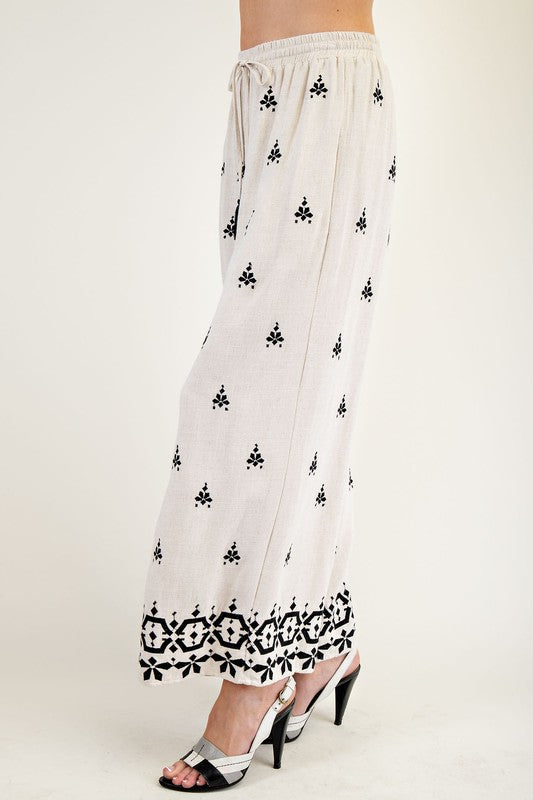 "Evie" Embroidered Linen Pants - The Katie Grace Boutique