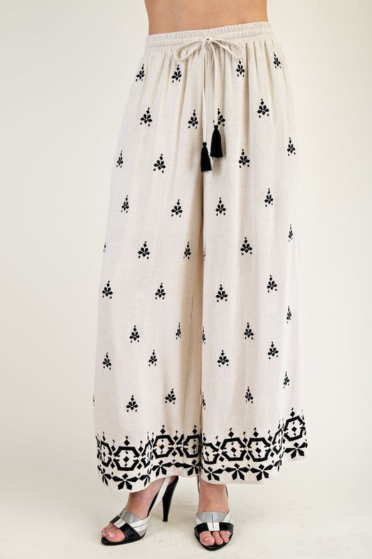 "Evie" Embroidered Linen Pants - The Katie Grace Boutique