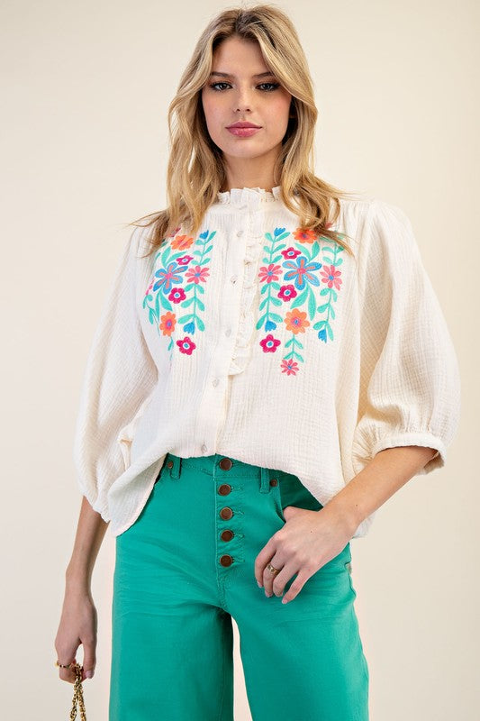 "Melissa" Embroidered Dolman Cotton Blouse - The Katie Grace Boutique