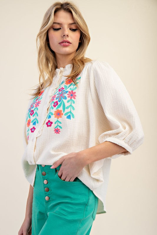 "Melissa" Embroidered Dolman Cotton Blouse - The Katie Grace Boutique