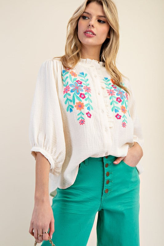 "Melissa" Embroidered Dolman Cotton Blouse - The Katie Grace Boutique