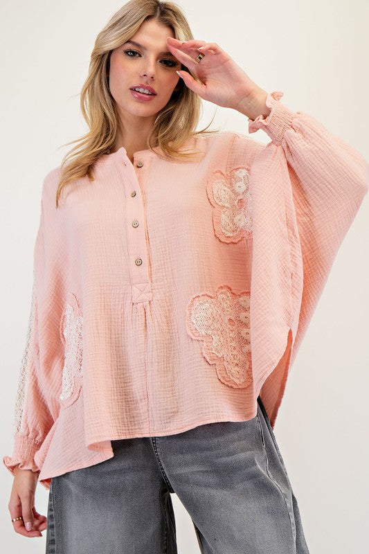 "Misty" Soft Cotton Blouse with Crochet, Blue - The Katie Grace Boutique