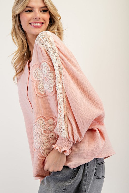 "Misty" Soft Cotton Blouse with Crochet, Blue - The Katie Grace Boutique