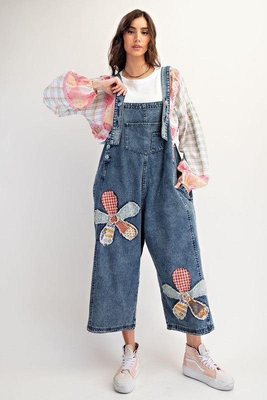 "Juniper" Denim Overalls w/ Applique' Florals - The Katie Grace Boutique