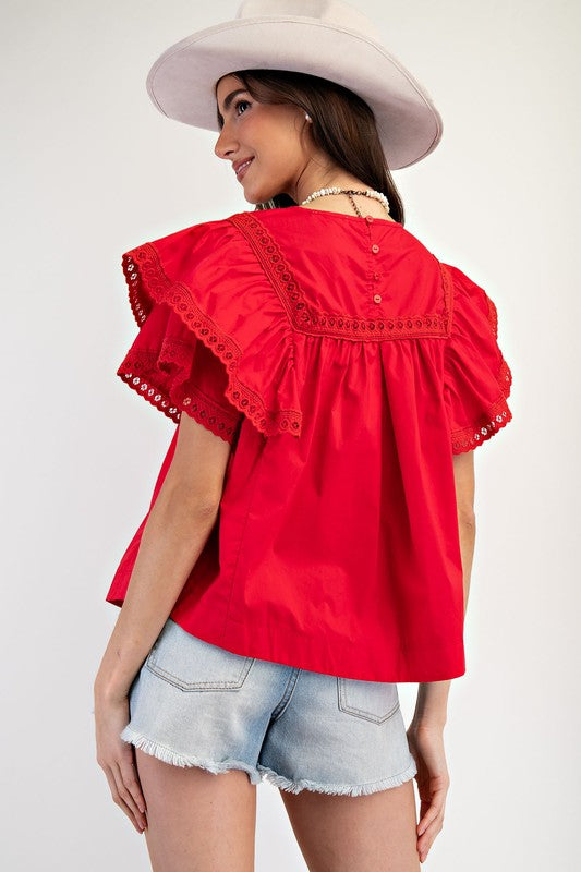 "Rose" Red Crochet Blouse - The Katie Grace Boutique