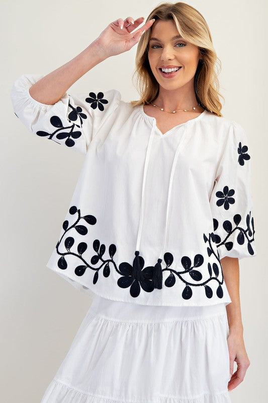 "Vera" Embroidered Peasant Blouse - The Katie Grace Boutique