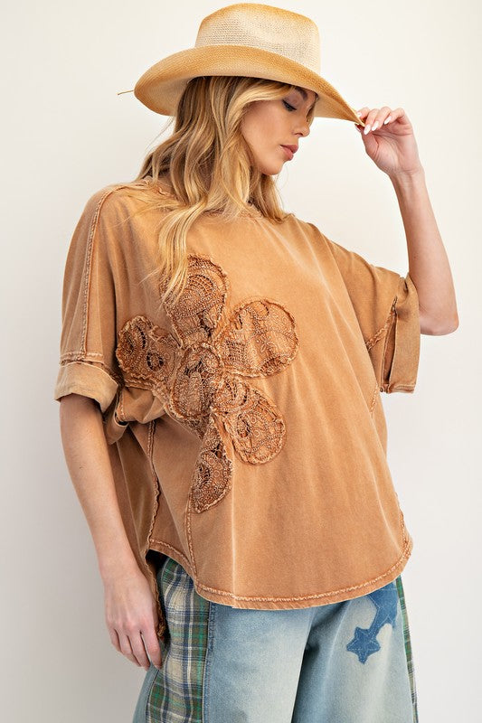 "Isabel" Crochet Mineral Washed Top - The Katie Grace Boutique