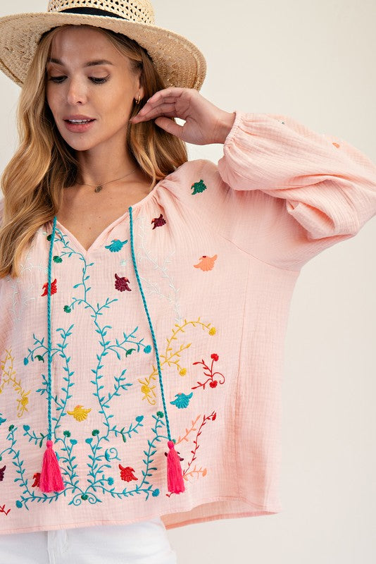 "Peaches" Embroidered Blouse - The Katie Grace Boutique