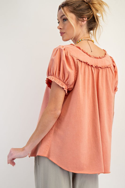 "Sara" Puff Sleeve Mineral Washed top, 2 colors - The Katie Grace Boutique