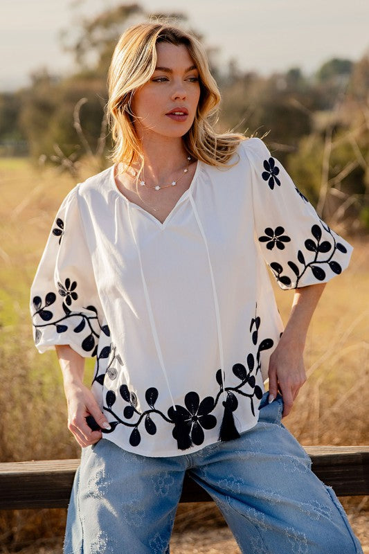 "Vera" Embroidered Peasant Blouse - The Katie Grace Boutique