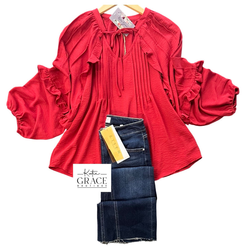 "Cassie" Ruffled Blouse, Red - The Katie Grace Boutique