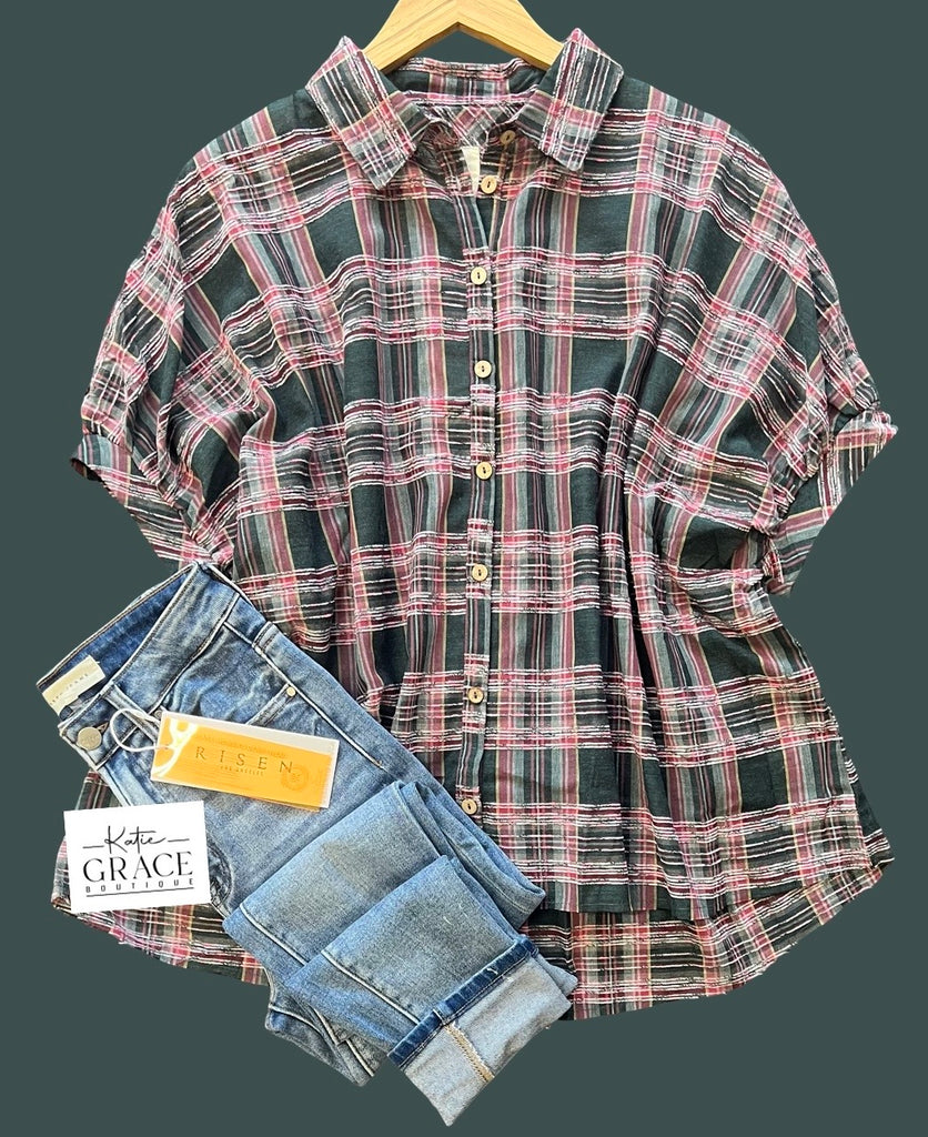 "Britt" Textured Plaid Blouse - The Katie Grace Boutique