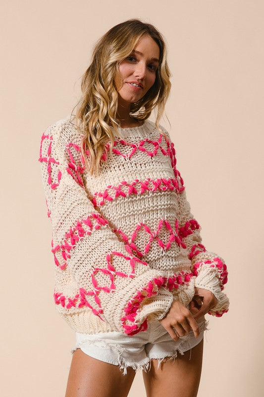 "Everleigh" Crochet Sweater, Pink - The Katie Grace Boutique