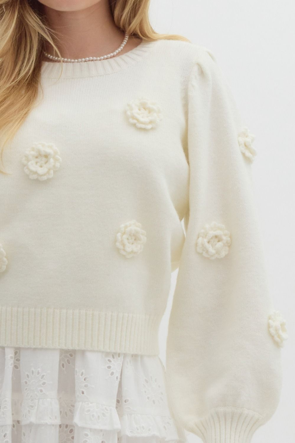 "Bianca" Puff Sleeeve Sweater with Applique' Flowers, 2 Colors - The Katie Grace Boutique