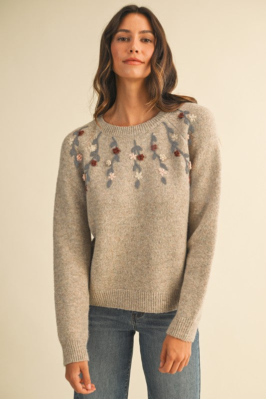"Trudy" Textured Flower Embroidered Sweater - The Katie Grace Boutique