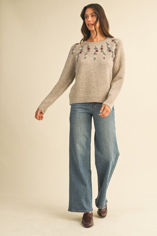 "Trudy" Textured Flower Embroidered Sweater - The Katie Grace Boutique