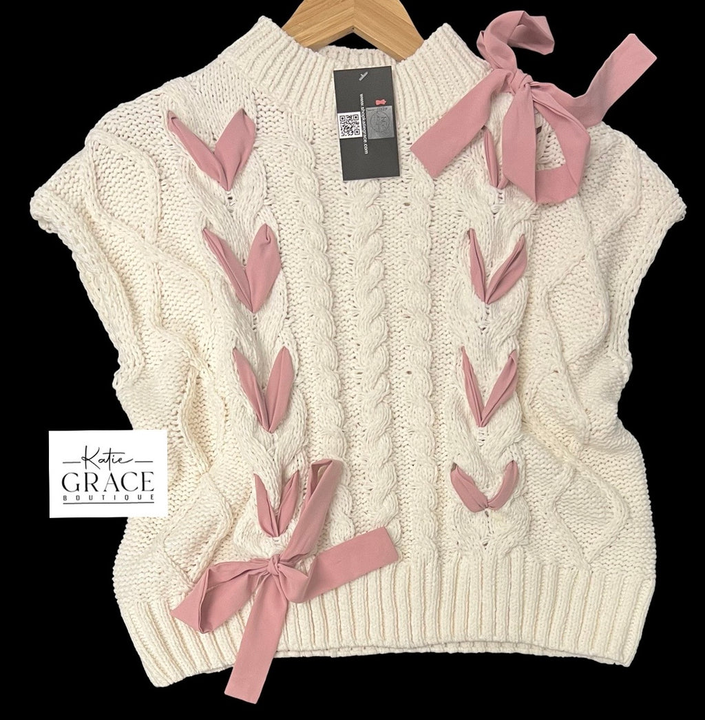 "Hope" Cable Knit Sweater with Ribbon Details - The Katie Grace Boutique