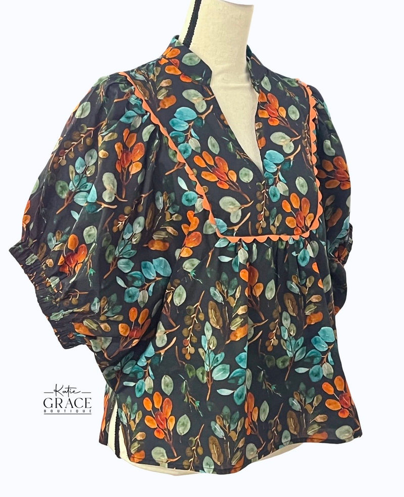 "Aubrey" Botanical Print Blouse, Navy - The Katie Grace Boutique