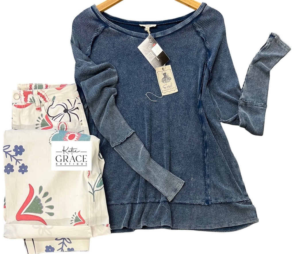 "Emelia" Mineral Washed Top, Indigo - The Katie Grace Boutique