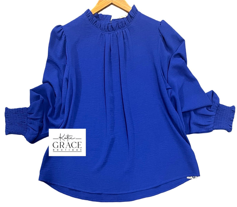 "Misty" Mock Neck Blouse, Royal Blue - The Katie Grace Boutique