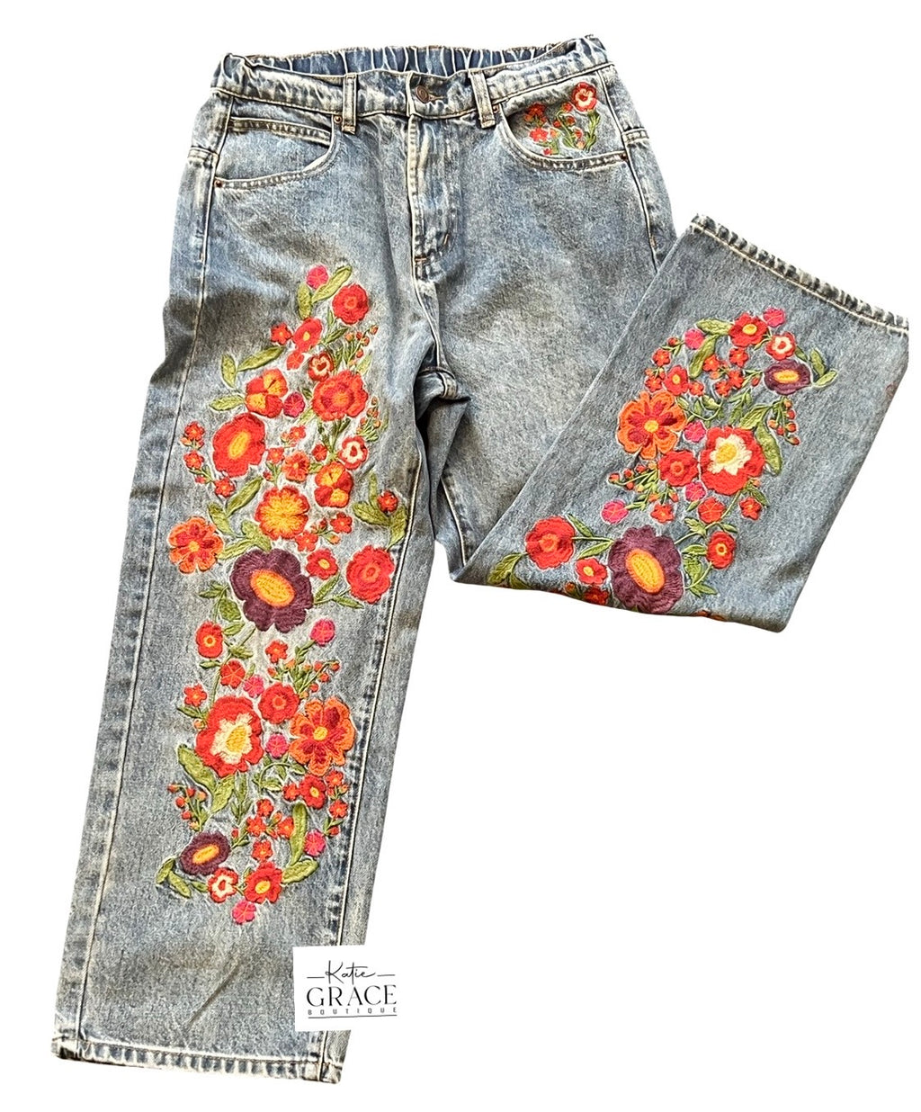 "Maci" Embroidered Jeans - The Katie Grace Boutique